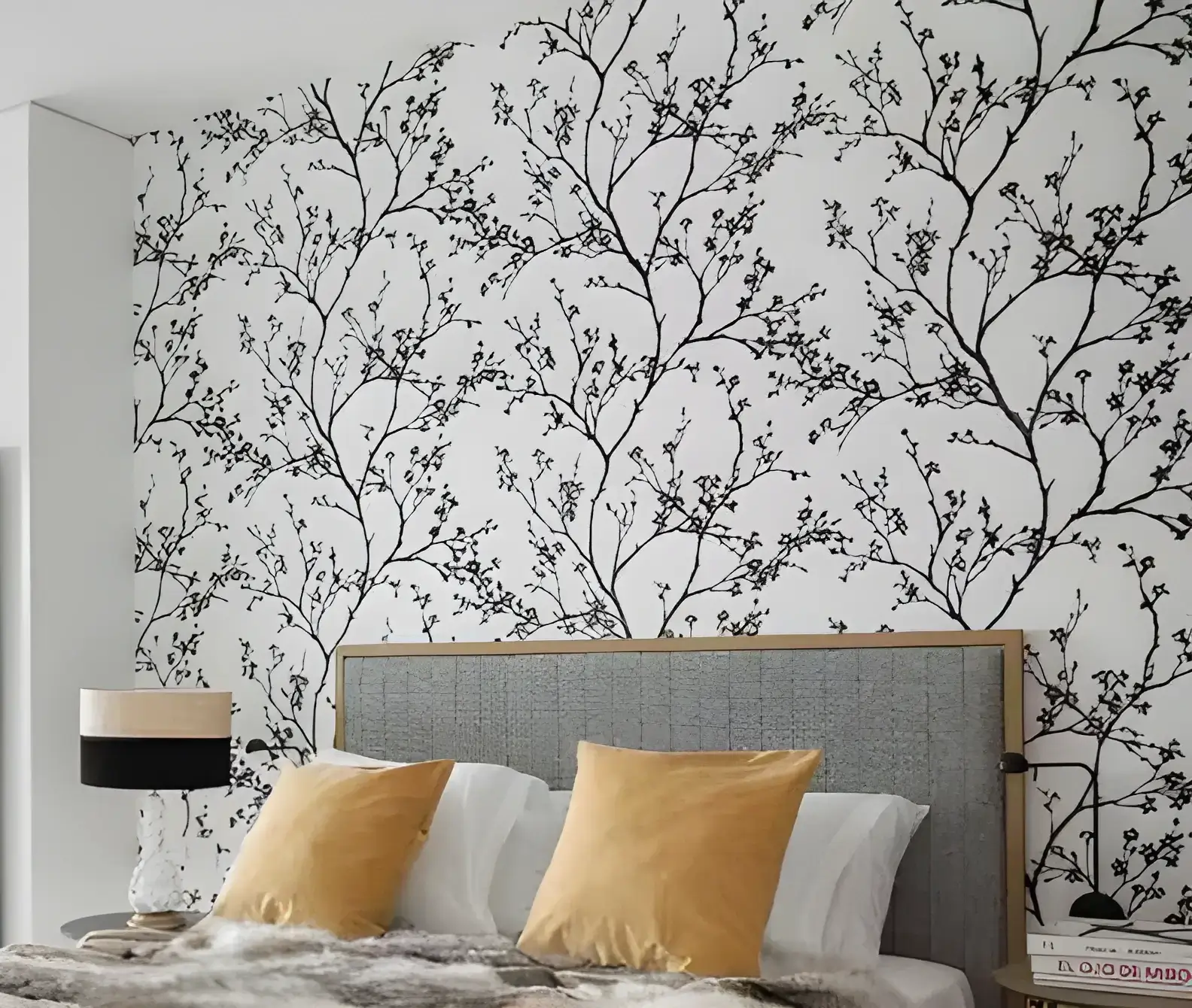 Pintores en Badajoz instalando papel pintado de ramas en cabecero de dormitorio moderno