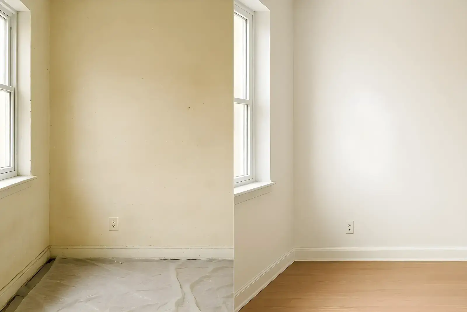 Antes y después de pintura interior en salón, trabajo de Pintores en Badajoz con paredes renovadas